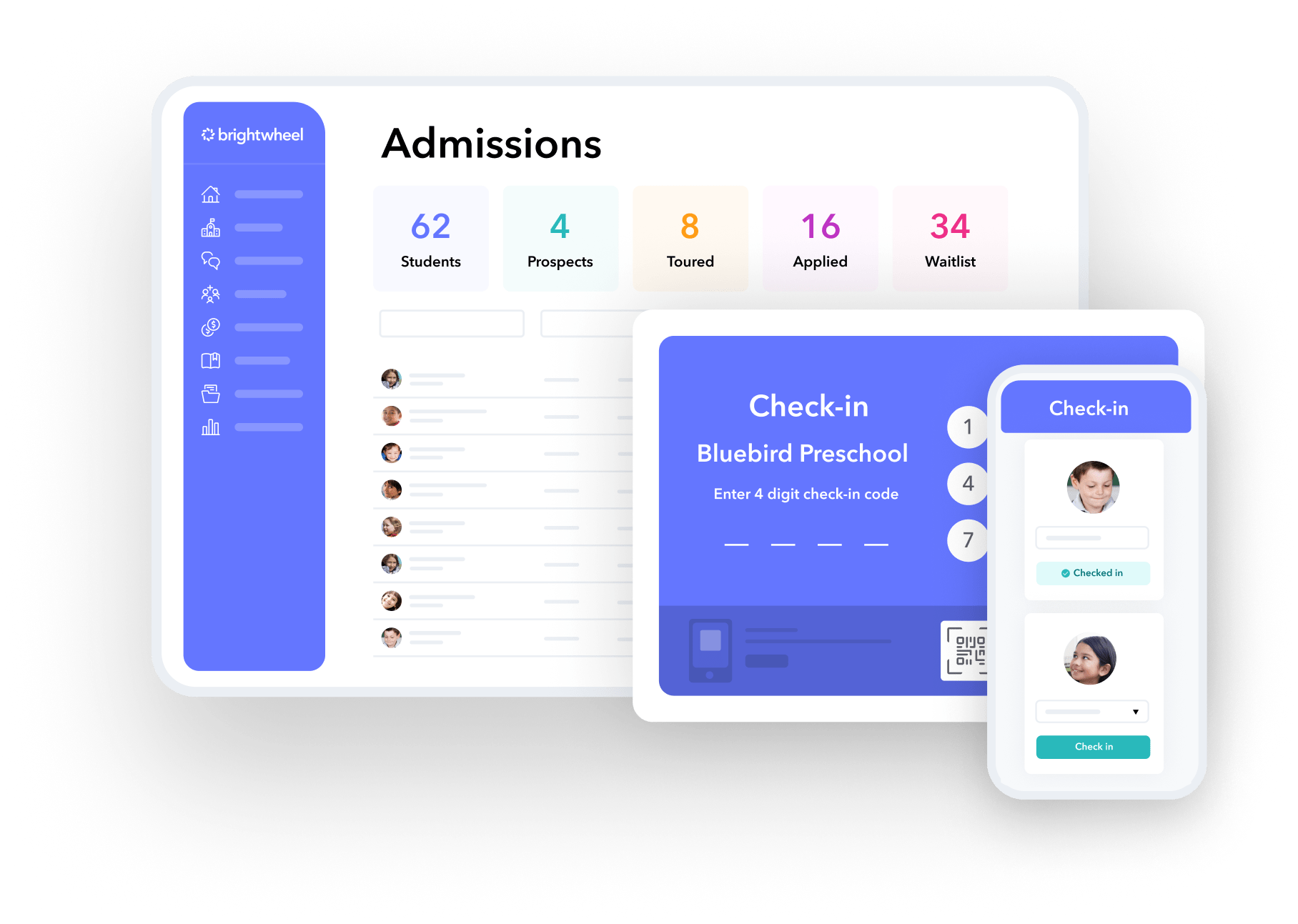 Screenshots of brightwheel's daycare check-in and check-out app in laptop, tablet, and mobile devices. Brightwheel's attendance app makes it faster for families to drop-off and pick-up, easier for staff to sign in and out, and more efficient for you to ensure compliance.