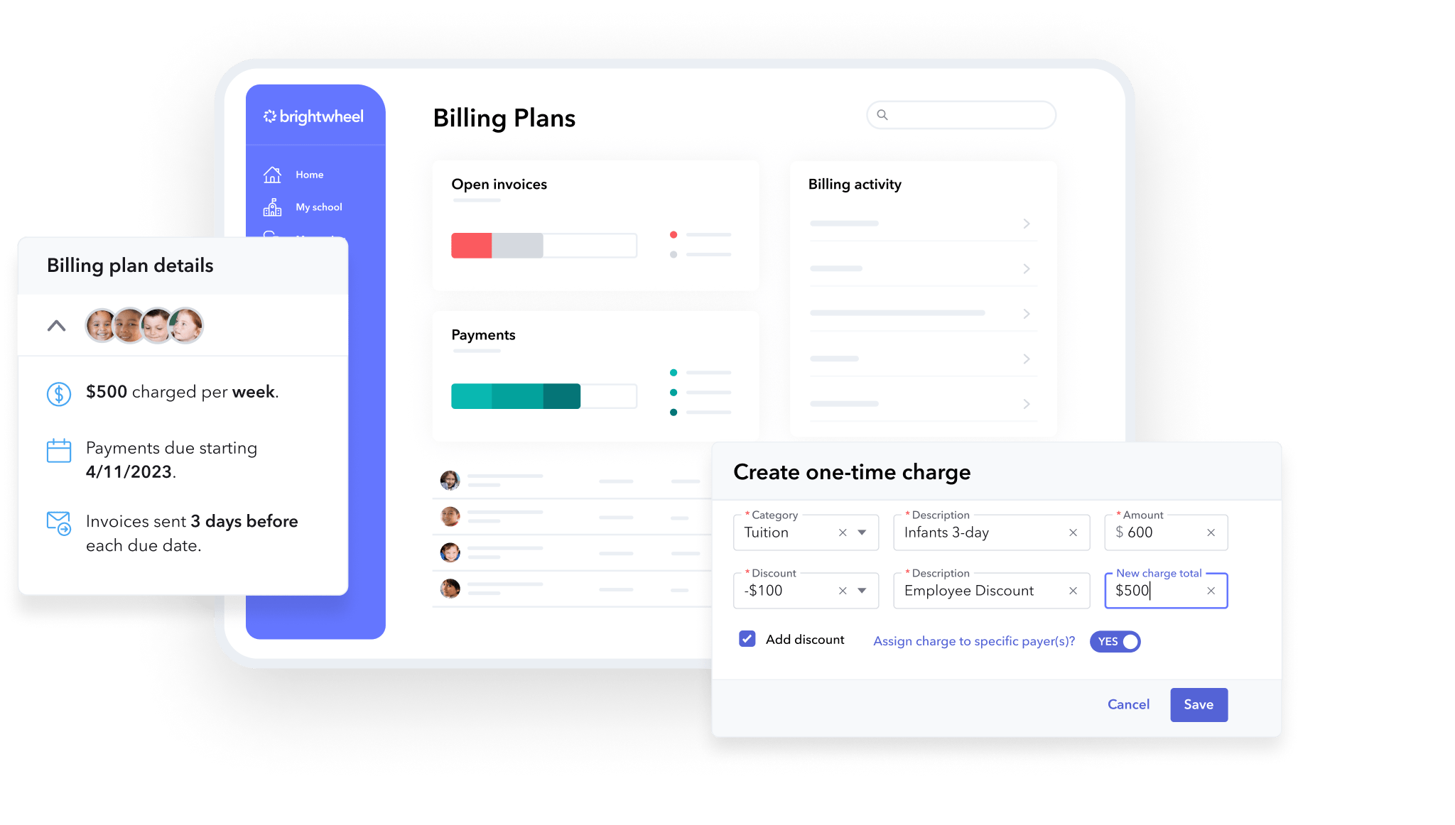 Product images of brightwheel's billing software. Create invoice templates and automate billing for your childcare program.