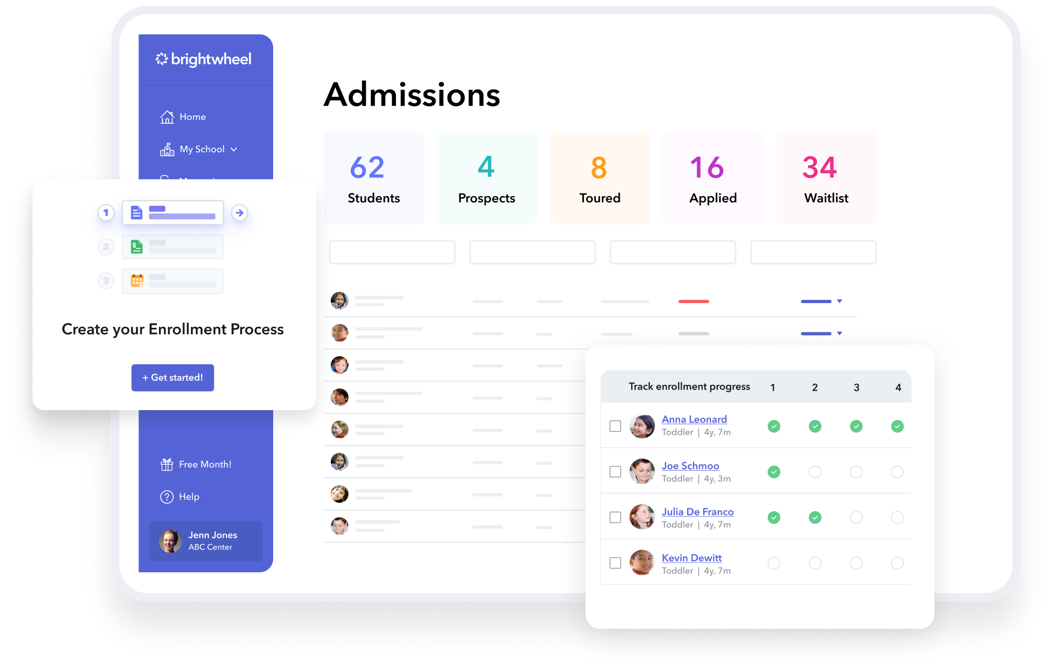 Screenshots of brightwheel's admissions and enrollment app that streamlines childcare operations. Say goodbye to endless back-and-forth paperwork and hello to an easy, digital enrollment process for both administrators and families.