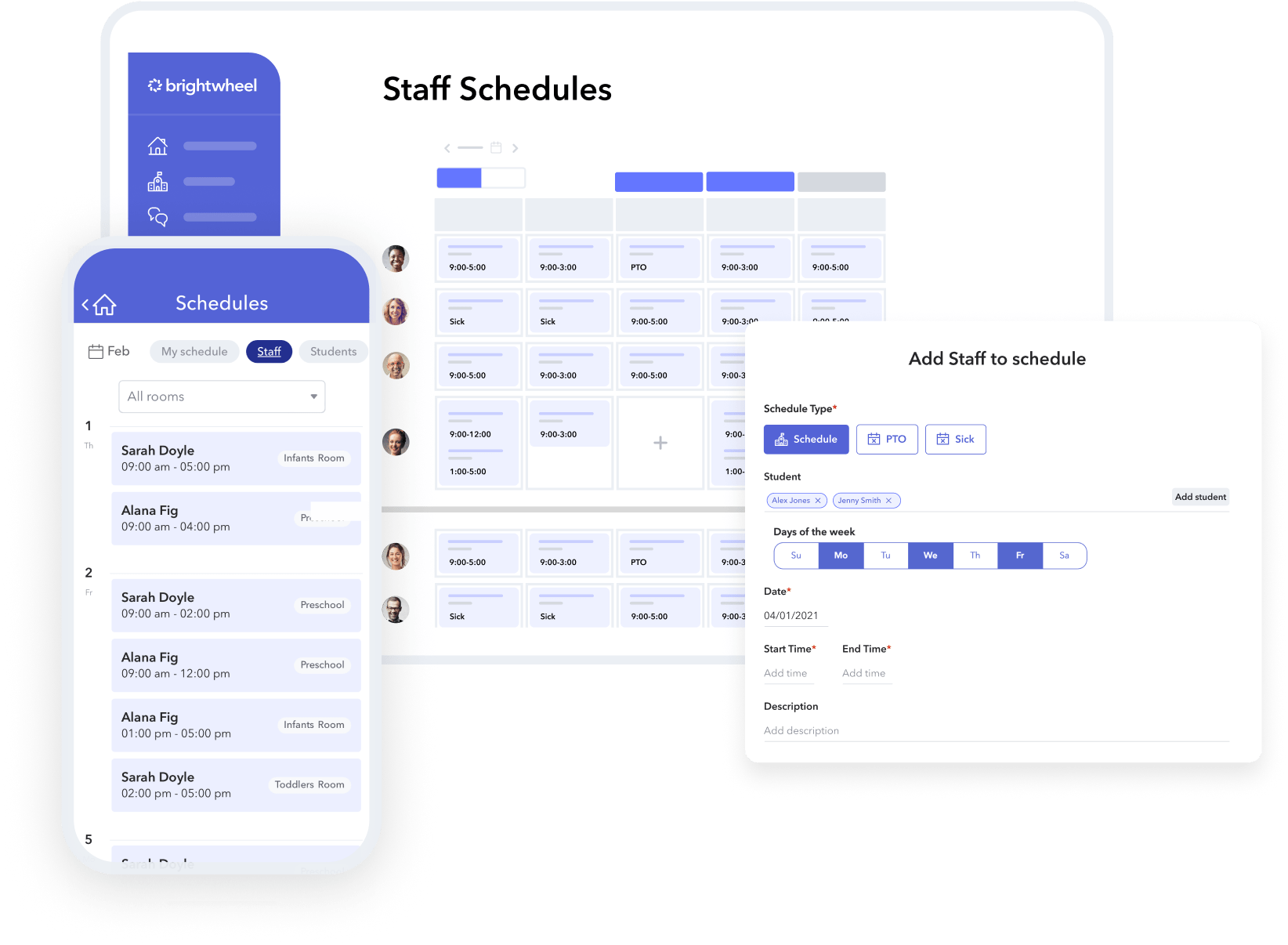 Screenshots of brightwheel's staff scheduling tool in laptop, tablet and mobile devices. Brightwheel's childcare software help you manage staff schedules, maintain ratios, and communicate schedule changes quickly.